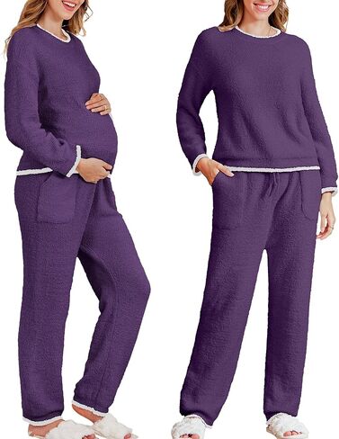 V FOR CITY Maternity Pajamas Women Fleece 2 Piece Lounge Set with Pockets Color Block Long Sleeve Sleepwear Winter in Saudi Arabia