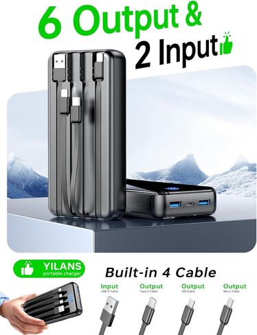 Portable Charger,50000mAh Power Bank Built-in Cable, 22.5W PD USB C in & Out Fast Charging, External Battery Pack with 6 Output & 2 Input, Travel Essential for iPhone 17/16/15/14/13/12-Grey in Saudi Arabia