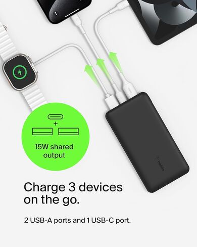 Belkin Portable Charger, USB-C Power Bank 20000 mAh w/ 2 USB-A Ports, 15W w/ Type-A to Type-C Cable - iPhone 17, Air, Pro, Pro Max, AirPods, Apple Watch, Samsung Galaxy S25, Google Pixel 10 - Black in Saudi Arabia