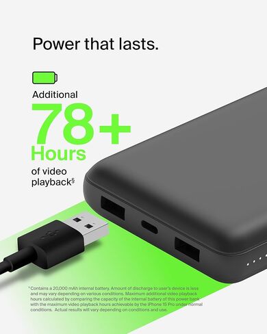 Belkin Portable Charger, USB-C Power Bank 20000 mAh w/ 2 USB-A Ports, 15W w/ Type-A to Type-C Cable - iPhone 17, Air, Pro, Pro Max, AirPods, Apple Watch, Samsung Galaxy S25, Google Pixel 10 - Black in Saudi Arabia