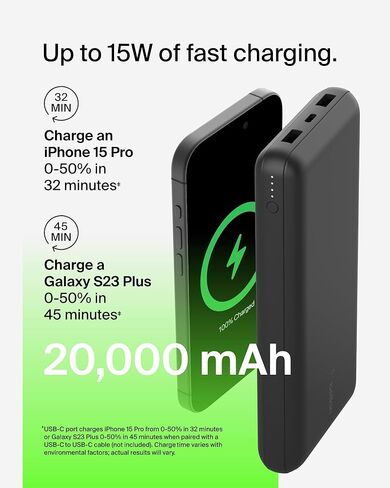 Belkin Portable Charger, USB-C Power Bank 20000 mAh w/ 2 USB-A Ports, 15W w/ Type-A to Type-C Cable - iPhone 17, Air, Pro, Pro Max, AirPods, Apple Watch, Samsung Galaxy S25, Google Pixel 10 - Black in Saudi Arabia