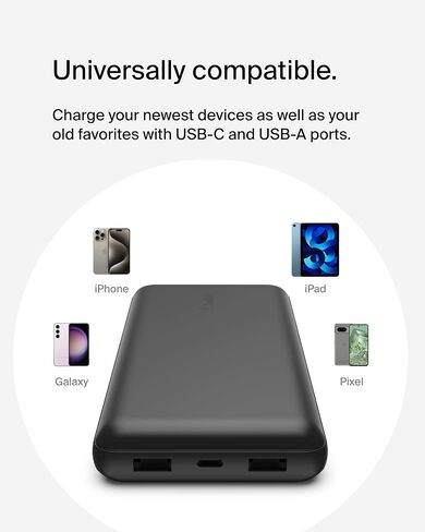 Belkin Portable Charger, USB-C Power Bank 20000 mAh w/ 2 USB-A Ports, 15W w/ Type-A to Type-C Cable - iPhone 17, Air, Pro, Pro Max, AirPods, Apple Watch, Samsung Galaxy S25, Google Pixel 10 - Black in Saudi Arabia