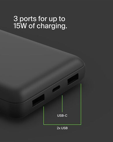 Belkin Portable Charger, USB-C Power Bank 20000 mAh w/ 2 USB-A Ports, 15W w/ Type-A to Type-C Cable - iPhone 17, Air, Pro, Pro Max, AirPods, Apple Watch, Samsung Galaxy S25, Google Pixel 10 - Black in Saudi Arabia