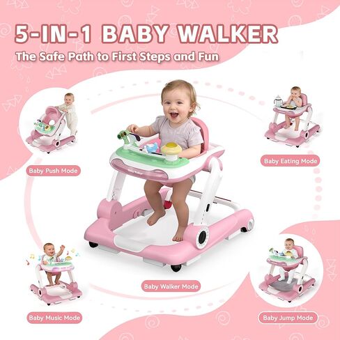 Baby Walker with Wheels, 5 in 1 Walker for Baby Boy Girl 6-12 Months with Bouncer, Music and Lights Baby Jumper Activity Center, Adjustable Height Speed, Push Walker for Ages 6-18 Months Toddler in Saudi Arabia
