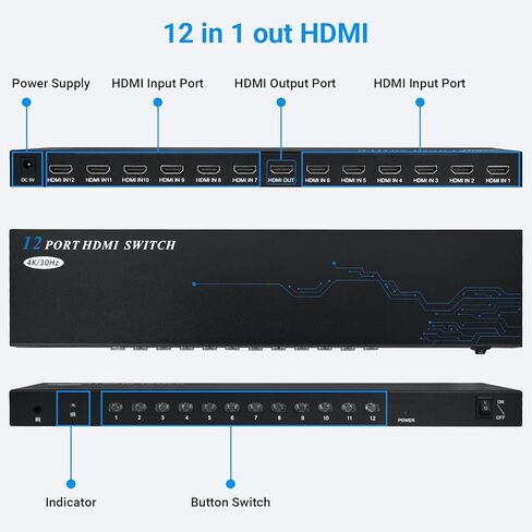 محول HDMI 12 منفذ 8 منافذ 12 في 1 - محدد محول HDMI 4K مع جهاز تحكم عن بعد بالأشعة تحت الحمراء، 4K@30 هرتز متوافق مع الكمبيوتر المحمول، PS5، Xbox، Fire TV، مشغل Blu-ray، جهاز فك التشفير، تلفزيون، شاشة، جهاز عرض in Saudi Arabia