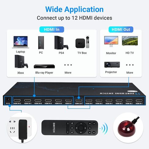 محول HDMI 12 منفذ 8 منافذ 12 في 1 - محدد محول HDMI 4K مع جهاز تحكم عن بعد بالأشعة تحت الحمراء، 4K@30 هرتز متوافق مع الكمبيوتر المحمول، PS5، Xbox، Fire TV، مشغل Blu-ray، جهاز فك التشفير، تلفزيون، شاشة، جهاز عرض in Saudi Arabia