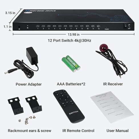 محول HDMI 12 منفذ 8 منافذ 12 في 1 - محدد محول HDMI 4K مع جهاز تحكم عن بعد بالأشعة تحت الحمراء، 4K@30 هرتز متوافق مع الكمبيوتر المحمول، PS5، Xbox، Fire TV، مشغل Blu-ray، جهاز فك التشفير، تلفزيون، شاشة، جهاز عرض in Saudi Arabia