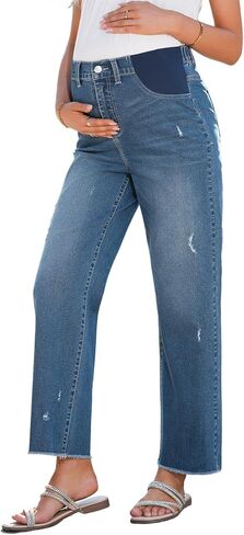 BLENCOT Women's Maternity Capri Jeans Stretch Denim Pants Ripped Raw Hem Straight Leg Pregnancy Postpartum S-XXL in Saudi Arabia