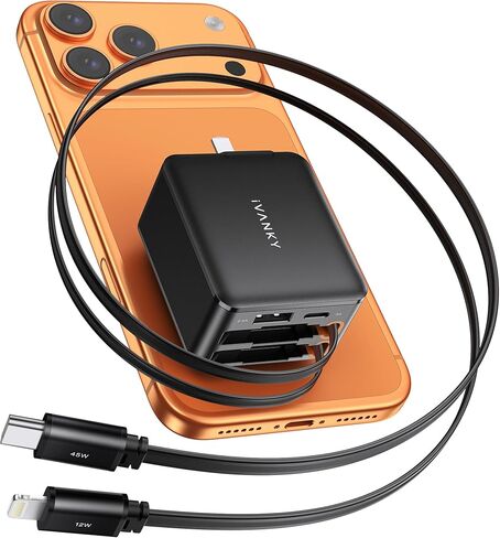 iVANKY 65W Retractable Wall Charger for MacBook, 5-in-1 USB C+Lightning GaN Charger Block with Cables, 33.5 inches, PD PPS Fast Charging, 5-Port Power Adapter for Laptop/iPhone 17/16/15/14 Pro Max in Kuwait