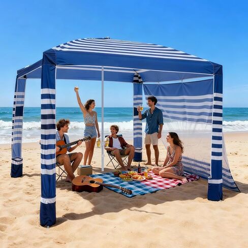 VEVOR Beach Cabana, 8 x 8 ft Beach Canopy with Side Wall, UPF 50+ Protection Easy Setup Cabana Tent with Sand Pockets, Adjustable Height Portable Shade Sun Shelter Umbrella for Family, Navy Stripes in Saudi Arabia