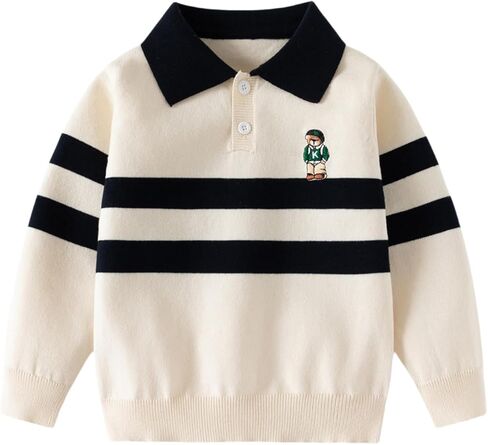 Meufam Boys/Girls Striped Knit Polo Collar Sweater Comfy Long Sleeve Button Baby Pullover Toddler Embroidery Sweatshirt in Saudi Arabia