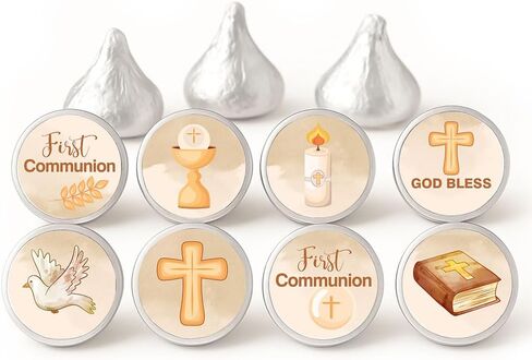 First Holy Communion Candy Stickers by Adore By Nat - Watercolor Vintage Religious Envelope Seals & Party Favor Labels Fit Kiss Chocolate Drop - Set of 240 (W. Blue) in Saudi Arabia