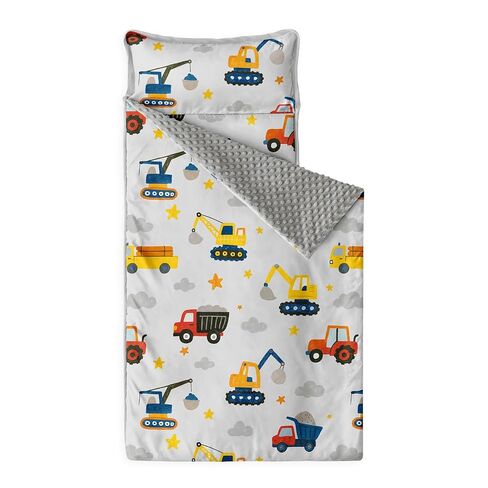 Wake In Cloud - Toddler Nap Mat with Pillow and Minky Fleece Blanket, for Kids Boys in Daycare Preschool Kindergarten, Roll Up Sleeping Bag, Cartoon Construction Car, Light Gray, Standard in Saudi Arabia