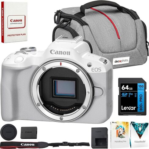 Canon EOS R50 Mirrorless Camera (أسود) مع RF-S 18-45mm F4.5-6.3 هي حزمة STM Lens 5811C012 مع حقيبة التصوير الفوتوغرافي DECO + 2 بطارية + ترايبود + علامات زاوية واسعة in Kuwait