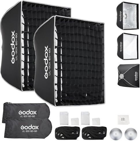 Godox 2 قطعة سوفت بوكس ​​سريع التحرير، UL 24 بوصة × 24 بوصة/60 × 60 سم صندوق ناعم مربع بوينز مع شبكة، ناشر، حقيبة حمل للضوء المستمر في الاستوديو ستروب فلاش، تسجيل فيديو للتصوير الفوتوغرافي في الهواء الطلق، بث مباشر in Saudi Arabia