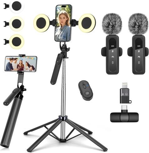 Vlogging Kit for iPhone/Android, Metal Selfie Stick Tripod for iPhone with Light and Microphone,70 inch Tall Adjustable Phone Tripod for TikTok/YouTube Starter Content Creator Essentials Kit in Saudi Arabia