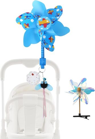 Spinning Windmill Stroller Identification Hanger, Easy-Clip Stroller Tag with Vibrant Ribbons and Name Tag, Instantly Spot Your Stroller in Crowded Parks, Airports, Shopping Malls (Blue Plane) in Kuwait