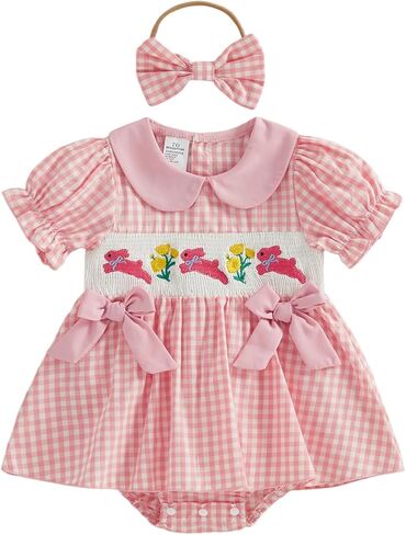 Baby Girl Summer Clothes Bow Embroidery Romper Dress Short Sleeve Plaid Jumpsuit Skirt Hem Bodysuit Cute Outfit in Saudi Arabia