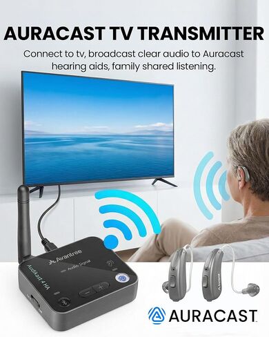 Avantree Audikast 4HA - جهاز إرسال وبث تلفزيوني Auracast لمساعدات سمعية مختارة، والاستماع إلى التلفزيون الشخصي بمستوى الصوت الخاص بك، بصري ومدخل AUX، جاهز للمستقبل وقابل للترقية in Kuwait