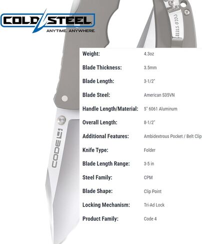 COLD STEEL Code 4 3.5" S35VN Razor-Sharp Blade 5" 6061 Aluminum Handle Everyday Carry Tactical Folding Knife w/Tri-Ad Locking Mechanism in Saudi Arabia