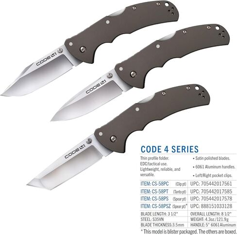 COLD STEEL Code 4 3.5" S35VN Razor-Sharp Blade 5" 6061 Aluminum Handle Everyday Carry Tactical Folding Knife w/Tri-Ad Locking Mechanism in Saudi Arabia