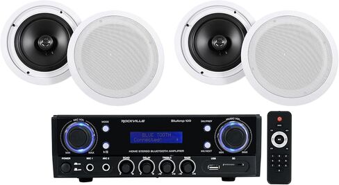 Rockville BluAMP 100 Bundle: 500W Peak/120W RMS Home Stereo Bluetooth Amplifier with USB/Mic Input, RCA, HC85 8" 700W Peak, 240W RMS in-Ceiling Home Theater Speakers 8-Ohm, 5 Items in Saudi Arabia