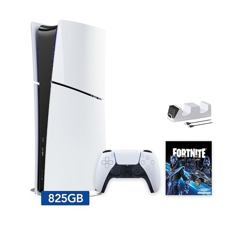 حزمة PlayStation 5 Slim Digital Edition Fortnite Cobalt Star وشاحن وحدة التحكم Mytrix - أبيض، وحدة تحكم ألعاب PS5 Slim 825GB PCIe SSD in Saudi Arabia