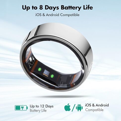 Smart Ring for Men Women, Fitness Tracker Health Ring with Sleep Monitoring, No APP Subscription, 10-Day Battery Life, Stress/Heart Rate/Women's Health Tracker, Android & iOS Compatible, Silver 8 in Saudi Arabia