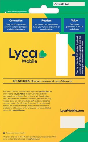 مجموعة بطاقات SIM مسبقة الدفع Lyca Mobile USA 5G/4G | نقاش ونصوص وبيانات غير محدودة على المستوى الوطني | اختر من بين الخطط غير المحدودة التي تبدأ من 10 دولارات شهريًا. in Saudi Arabia