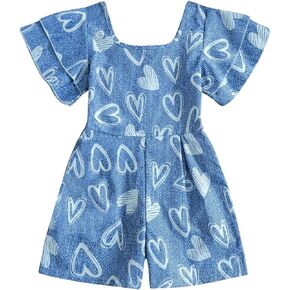 OYOANGLE Girl's Heart Print Ruffle Short Sleeve Square Neck Wide Leg Romper Summer Short Jumpsuits