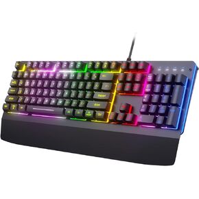 Wired Gaming Keyboard, RGB Light Up Keyboard with Wrist Rest, 104Keys All Metal Panel Rainbow Backlit Keyboard for Gaming, Silent Computer Keyboard with Multimedia Anti-ghosting Keys for PC Mac Xbox