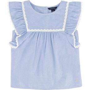 Nautica Girls' Short Sleeve Chambray Shirt, Cotton Top with Flutter Shoulders & Crochet Trim
