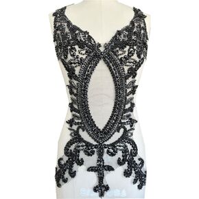PLune Handmade Rhinestones Beads Patches Trim Bodice apploique for Graduation Dress Evening Party Dress DIY Accessories 14 * 24in (Black)