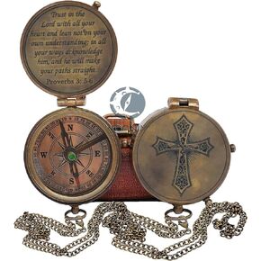 Trust in The Lord with All Your Heart -Proverbs 3: 5-6 Quote Engraved Compass with Leather Box, Compass Gift, 2023 Graduation Day Gifts- Baptism Gifts Compass