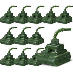 Tanlade 12 Sets Plastic Tank Cups with Lids and Straws, 10 oz, Army Camo Party Supplies for Boys Girls Military Birthday Party