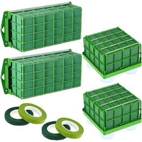 4 Pieces Floral Foam Cage Rectangle Flower Holder with Floral Foam Square Floral Foam Blocks with Silicone Suckers Florist Green Foam for Flower Arrangements Flowers Cage Bowl for Table Centerpiece