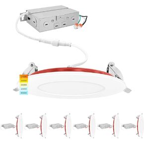 LUXRITE 6-Pack 4 Inch Ultra Thin LED Fire Rated Recessed Lights, 5CCT 2700K/3000K/3500K/4000K/5000K, 2 Hour Fire Rating, 800 Lumens, Dimmable Wafer Lights, IC Rated, Wet Rated, ETL, No Tenmat Needed