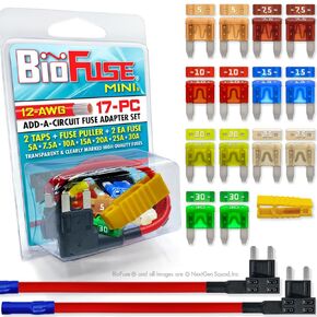 BioFuse 12 AWG Mini APM ATM 17 Piece Automotive Car Fuse Assortment and Holders Pack (2 Add-a-Circuit Fuse Tap Adapters, 14 Blade Fuses + Fuse Puller) 5A 7.5A 10A 15A 20A 25A 30A