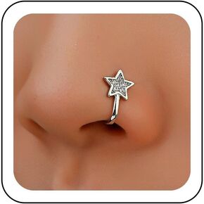 Zeshimb CZ star Fake Nose Ring Silver Star Septum Nose Ring Faux U Shaped Clip on Nose Cuff No Piercing Bendable Nose Ring Stud Body Jewelry for Women and Girls