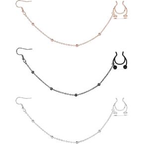 Dyknasz Fake Septum Rings Indian Septum Nose to Ear Chain Dangle Earrings Faux Nose Rings Hoop Non Pierced Clip on Septum Jewelry for Women