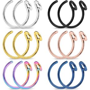 Lcolyoli Fake Nose Rings Hoop Surgical Steel Tribal Faux Clip On Earrings Nostril Hoop Ring Body Jewelry Piercing Women Men 20 Gauge 5/16"(8mm) 12 Pieces