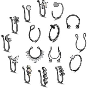 MUSECLOUD Fake Nose Rings 16Pcs Stainless Steel Faux Piercing Jewelry 14K Gold Plated Nose Cuff non piercing Lip Septum Rings Fake Clip On Nose Rings for Women Men in Kuwait