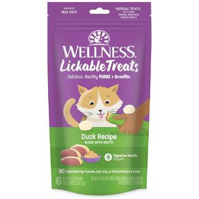مكافآت Wellness Lickable الناعمة المهروسة الطبيعية الخالية من الحبوب للقطط البالغة، وصفة البط، تحتوي على أنابيب قابلة للعصر سعة 6-0.4 أونصة