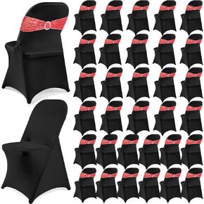 Breling 64 Pcs 32 Sets Folding Chair Cover and Chair Sashes Set Spandex Stretch Chair Slipcovers Elastic Chair Ties Chair Bands Bows with Buckle Slider for Wedding Banquet Party (Black,Silver) in Saudi Arabia
