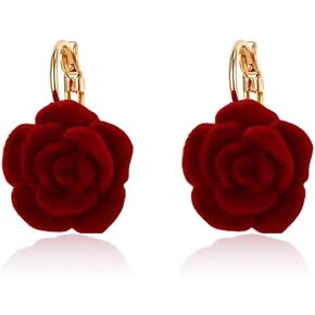 Vintage Flower Hoop Earrings for Women Girls Gold Plated Hypoallergenic Red Velvet Rose Camellia Floral Huggie Hoops Earring Elegant Wedding Holiday Valentine Jewelry Gifts