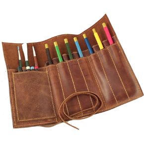 Rustic Genuine Leather Pencil Roll - Pen and Pencil Case - Dark Brown
