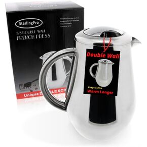 SterlingPro Classic European Stlye Doublewall Stainless Steel Mirror Finish French Coffee Press, 35-ounce