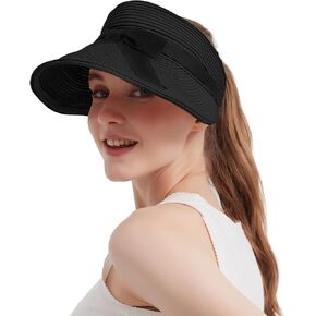 ProtectX Straw Sun Visor Hat for Women Summer Beach Sun Hats Packable Foldable UPF 50+ Handmade Straw Hats for Women Ponytail