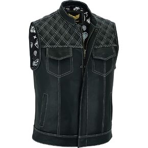 Leatherick Mens Black Motorcycle Vests - SOA Club & Traditional Paisley Satin Liner Leather Biker Vests
