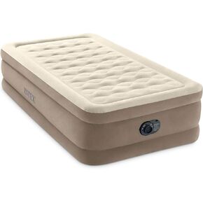 Intex Dura Beam Deluxe Ultra Plush 18 Inch Twin Bed Inflatable Air Mattress with Fiber Tech Construction and Built in Electric Pump, Beige